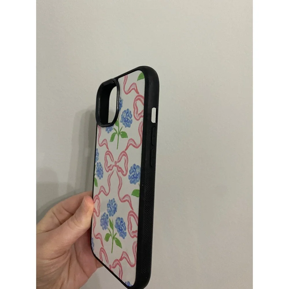 iPhone 15 Case Unisex One Size White Pink Blue Hydrangea Bow Floral Coquette‎